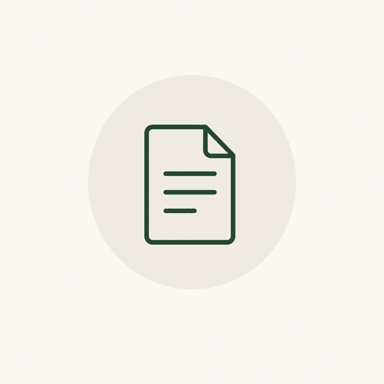 Dark green document icon with folded corner and text lines inside a light beige circle.