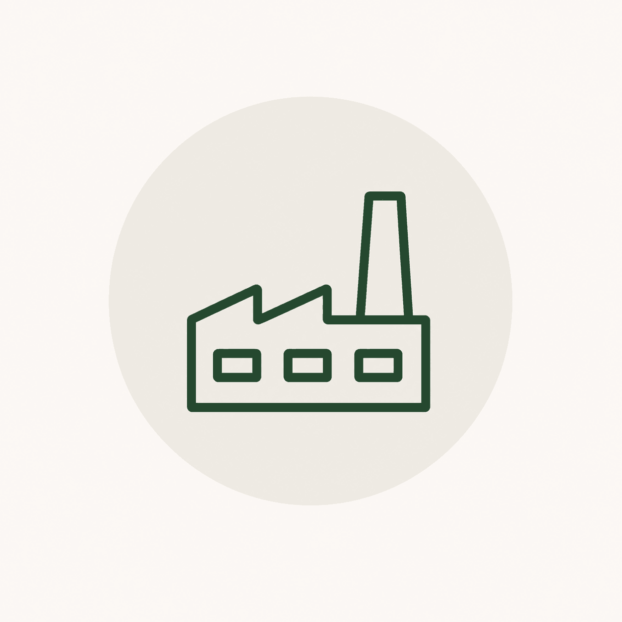Minimalist green factory icon with a sawtooth roof and smokestack on a beige circle.