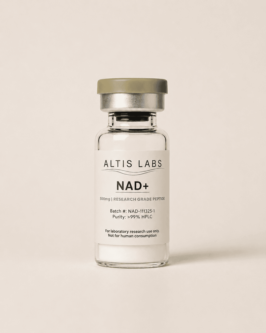 Altis Labs NAD+ research grade peptide glass vial with white label and olive green cap.