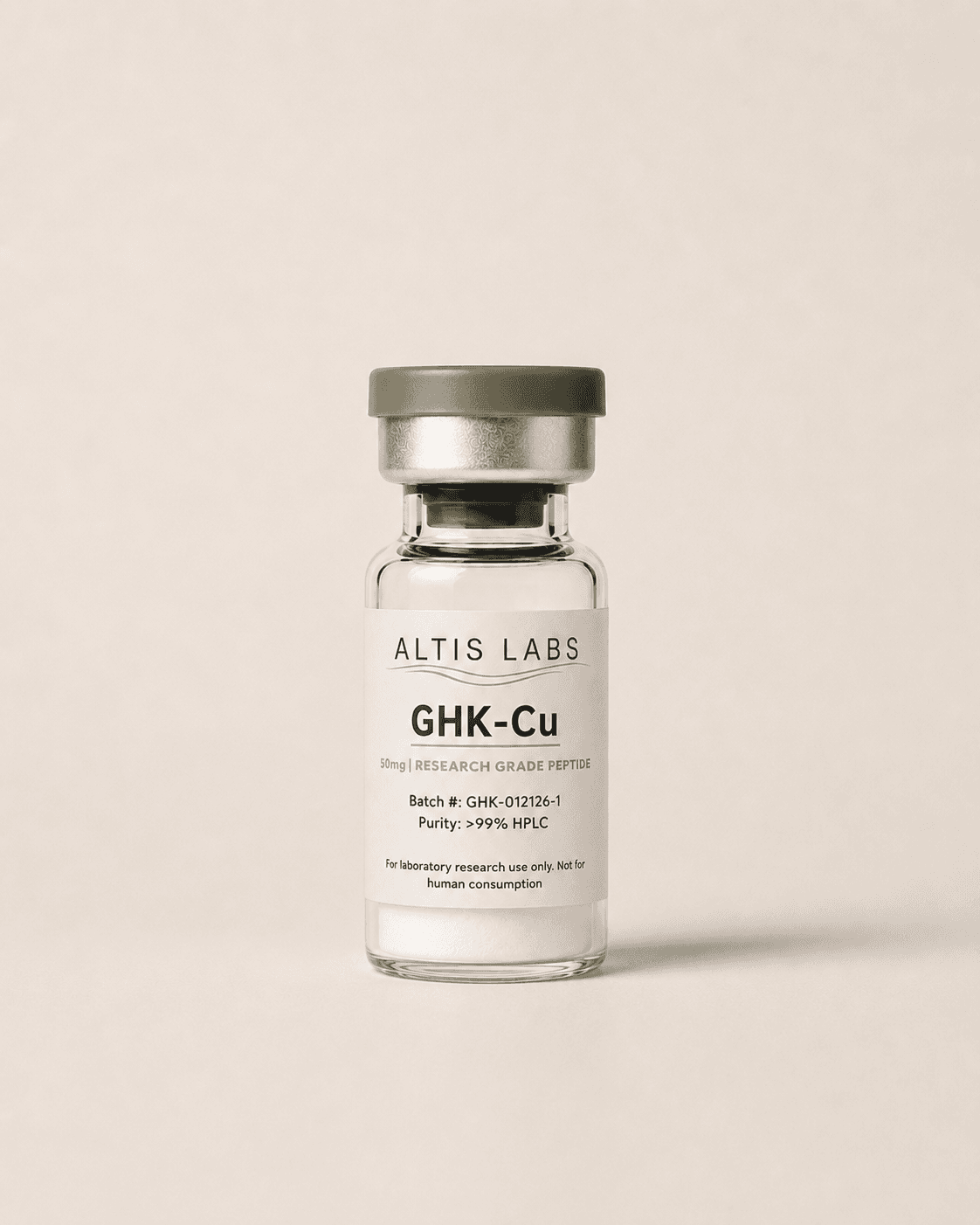 Altis Labs GHK-Cu 50mg research grade peptide vial with green cap on beige background.