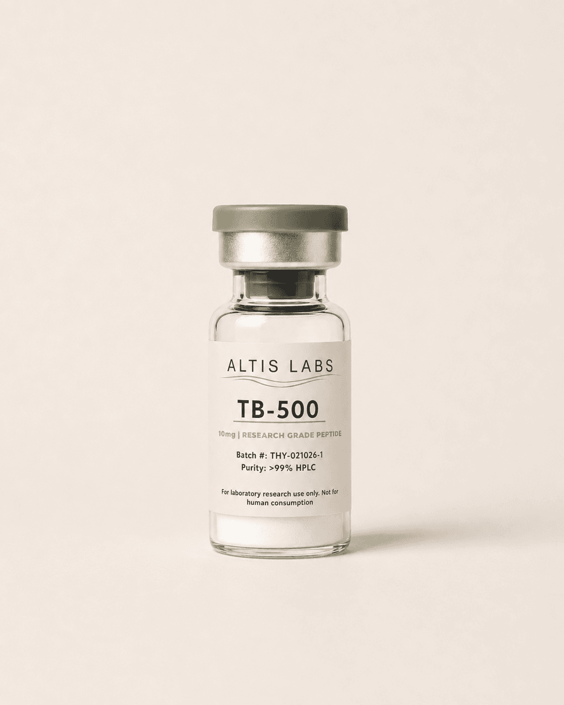 Altis Labs TB-500 research grade peptide vial with a green cap and white powder.