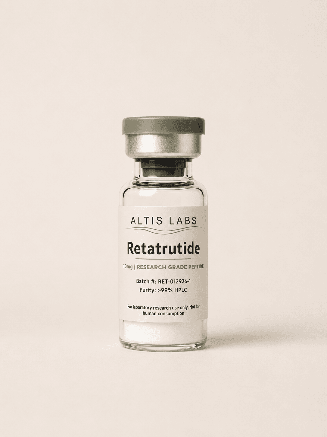Altis Labs Retatrutide 10mg research grade peptide vial with a green cap and white label.
