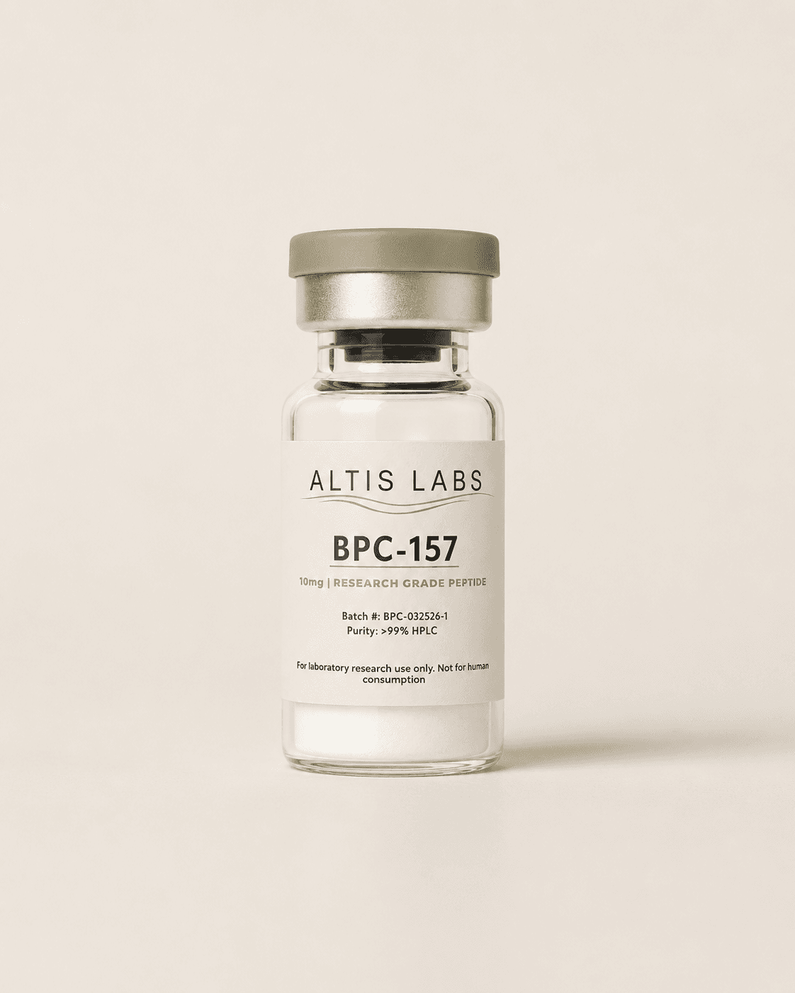 Altis Labs BPC-157 research grade peptide vial with white powder and a green cap.
