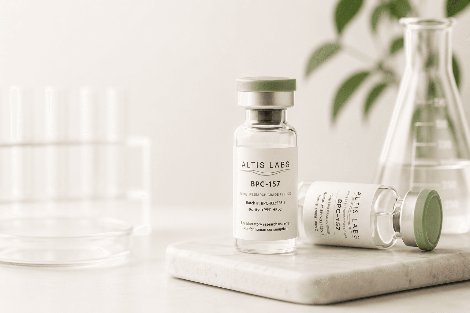 Two Altis Labs BPC-157 peptide vials on a marble surface in a clean laboratory.