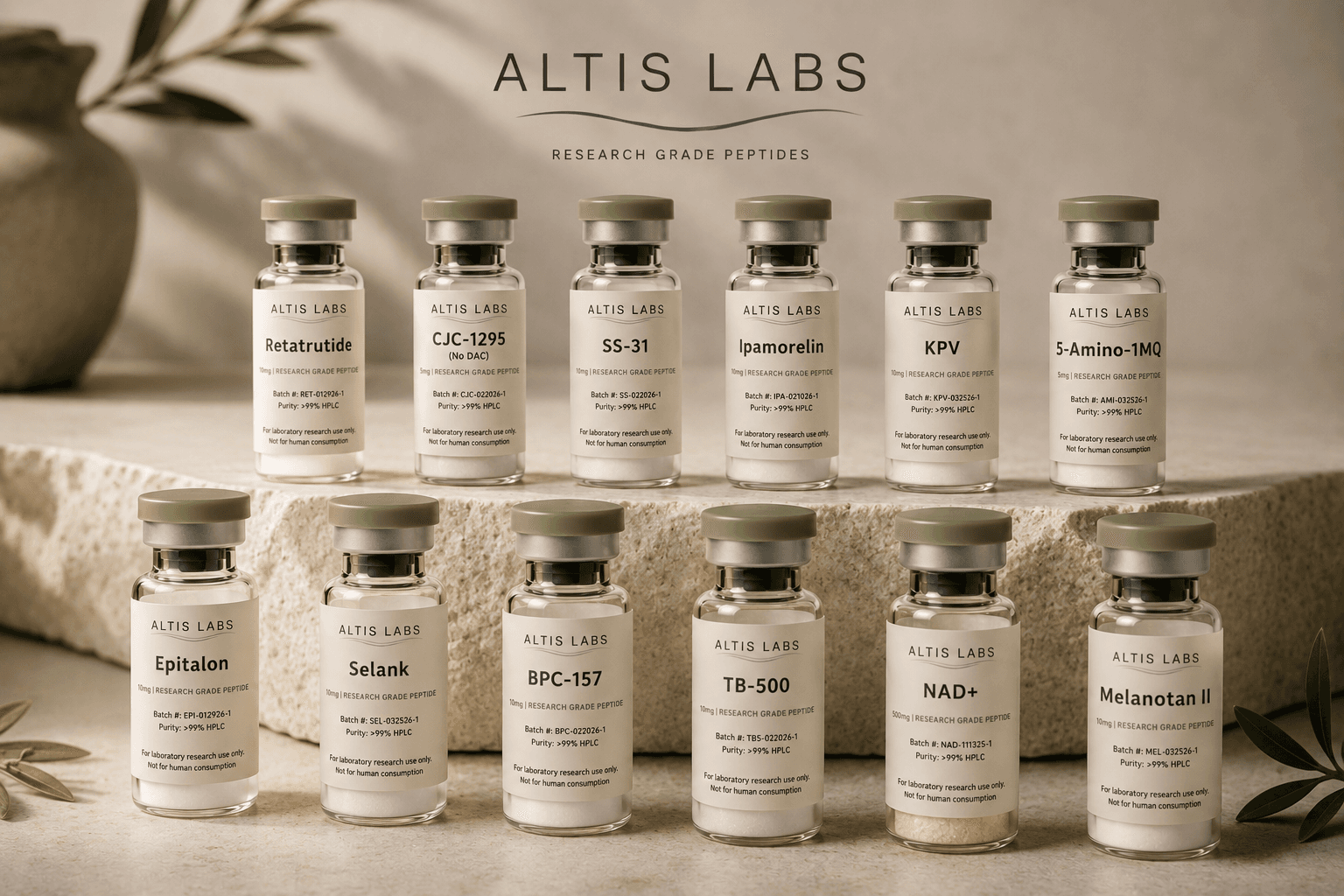 Two rows of Altis Labs research grade peptide vials with green caps on stone.